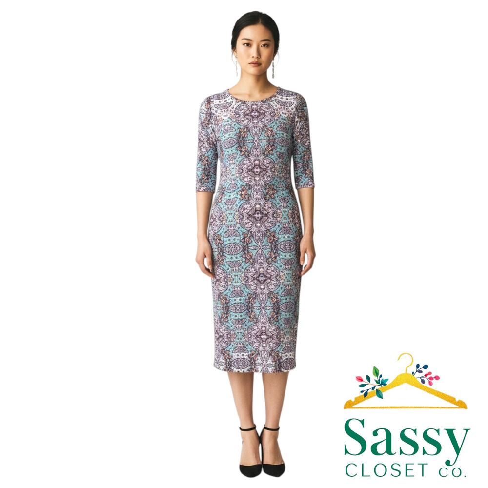 MAGGY LONDON Purple Turquoise Abstract Sheath Dress 8 Midi Stretch EUC